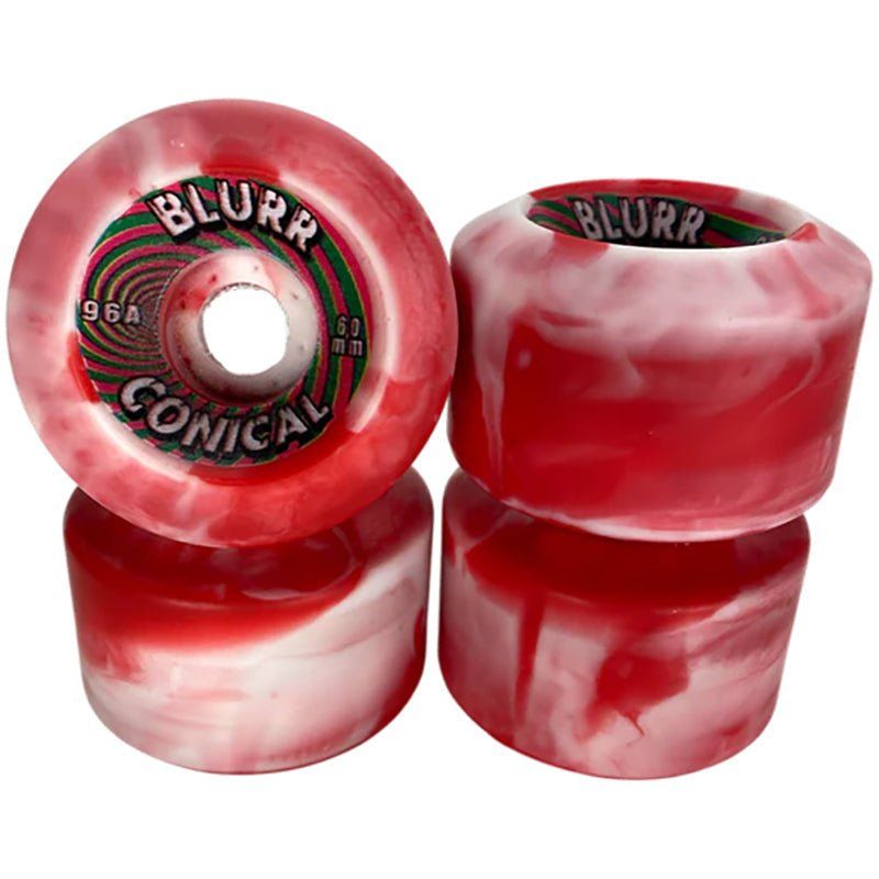 Blurr 60mm 96a Red/White Swirls Conicals Skateboard Wheels 4pk